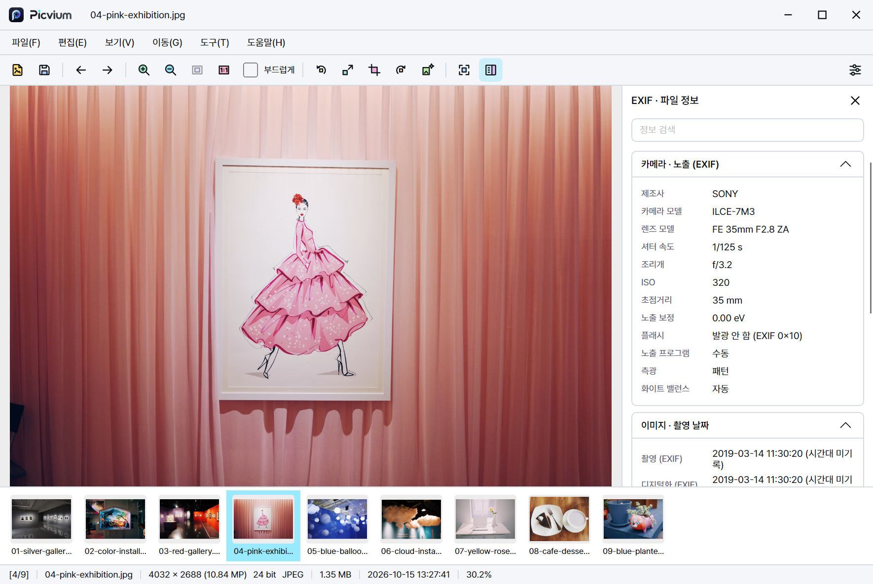 분홍빛 전시 사진과 실제 SONY 카메라·렌즈·노출 정보가 보이는 EXIF 패널, 하단 폴더 썸네일을 표시한 Picvium 화면